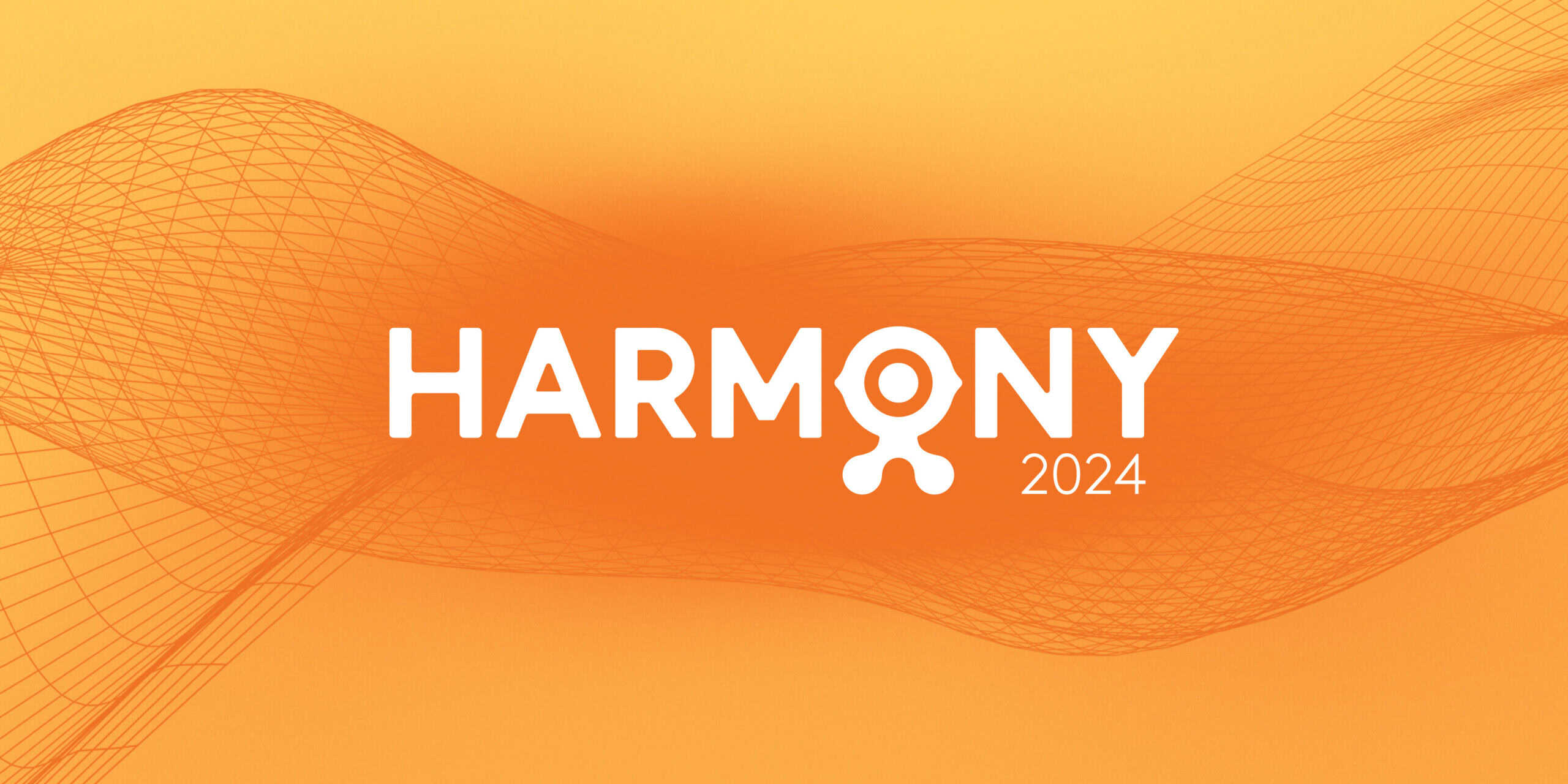 Harmony 2024 event banner with abstract orange wave design.