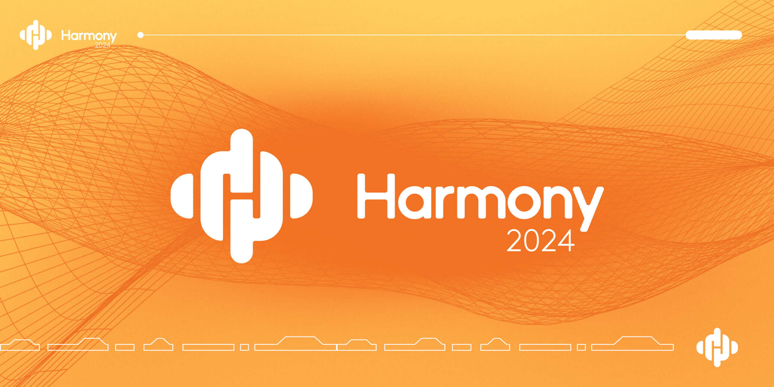 Harmony 2024 conference logo with orange wave background and white text.