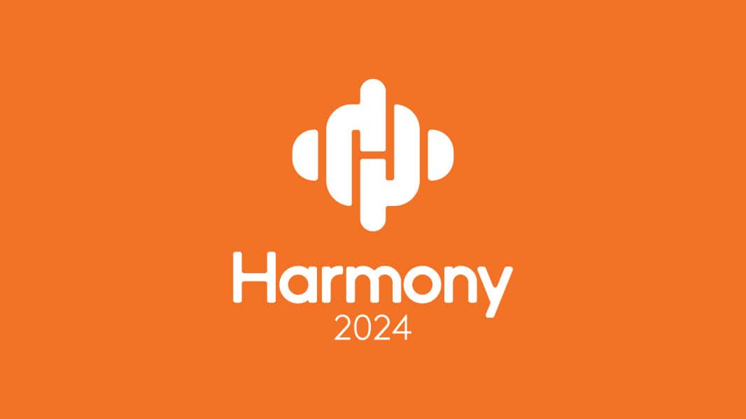 Harmony 2024 logo with headphones icon on orange background.