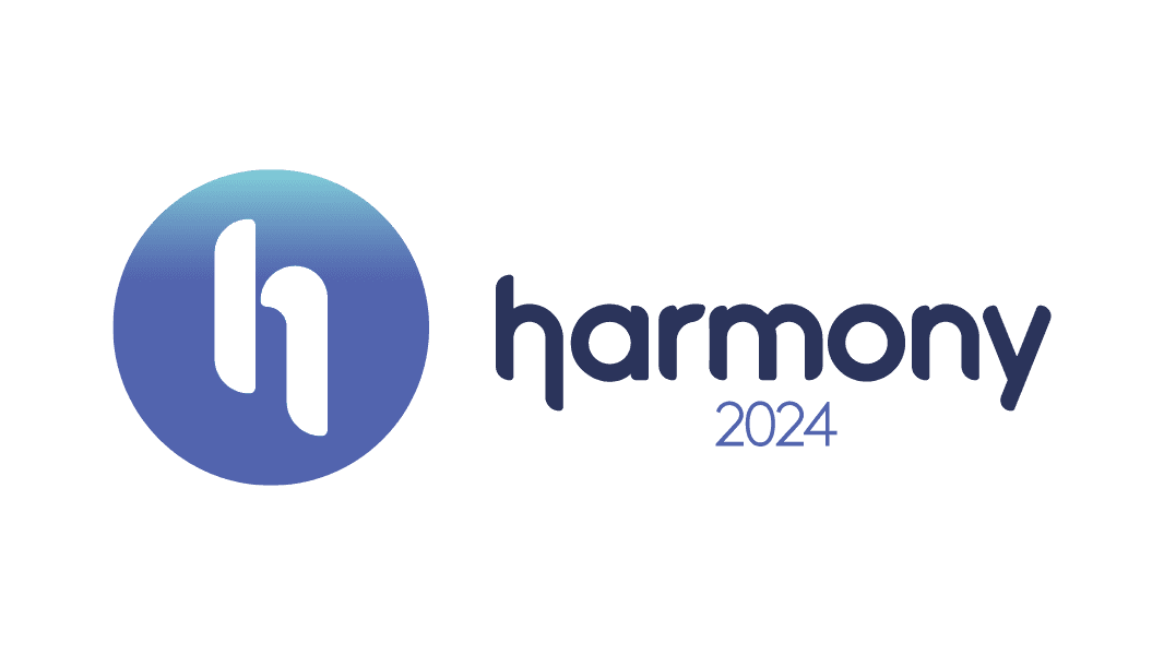 Harmony 2024 conference logo with blue circle and white 'h' icon.