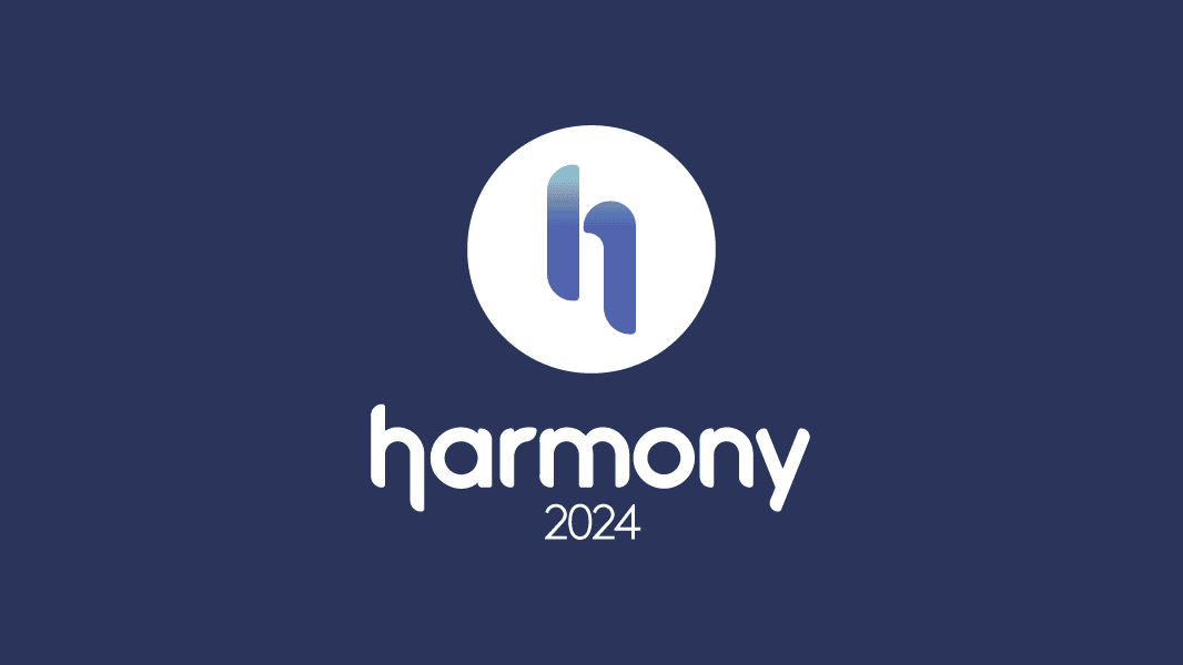 Harmony 2024 logo with modern design and blue color scheme.